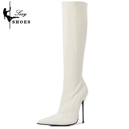 Knee-High Pointy Toe Women Boots 13cm Ultra Thin Steel High Heels Metal Heel Patent Leather Wide Calf Boots for Women Plus Size NovaCart