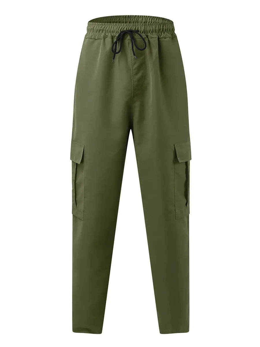 Men s Loose Cargo Long Pants Solid Color Drawstring Waist Straight Leg Trousers Casual Work Pants with Pockets NovaCart
