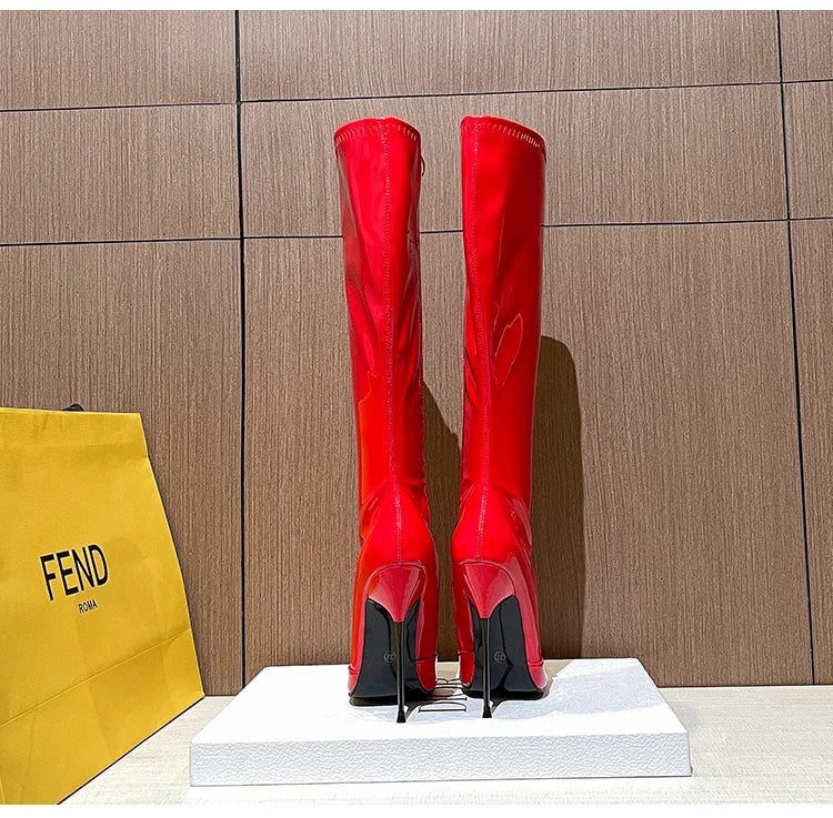Knee-High Pointy Toe Women Boots 13cm Ultra Thin Steel High Heels Metal Heel Patent Leather Wide Calf Boots for Women Plus Size NovaCart