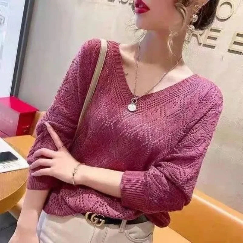 V-neck Crochet Hollow Knit Loose Bat Long Sleeve Sweater