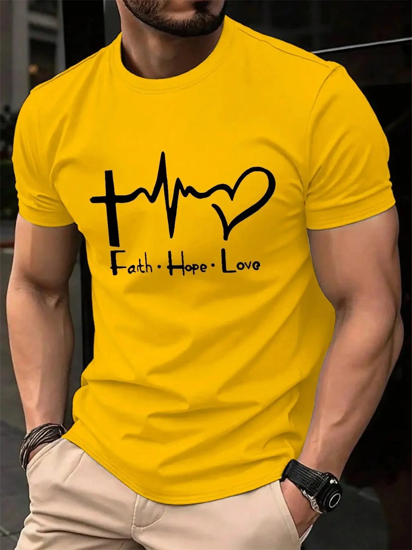 Men's Summer 100% Cotton Fashionable Casual Loose Large Size FAITH HOPE LOVE Printed Sports Round Neck Short Sleeve T-shirt Top NovaCart