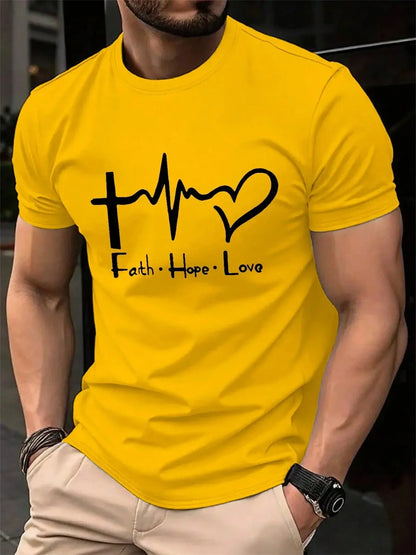 Men's Summer 100% Cotton Fashionable Casual Loose Large Size FAITH HOPE LOVE Printed Sports Round Neck Short Sleeve T-shirt Top NovaCart