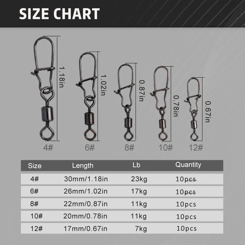 50pc/box Stainless Steel Fishing Connector Pin 4# 6# 8#10#12# Bearing Rolling Swivel with Snap Fishhook Lure Accessories Pi-Mart