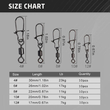 50pc/box Stainless Steel Fishing Connector Pin 4# 6# 8#10#12# Bearing Rolling Swivel with Snap Fishhook Lure Accessories Pi-Mart