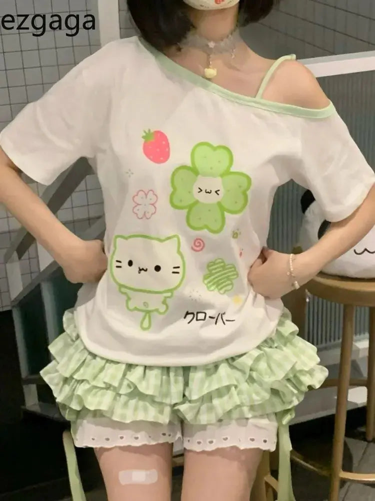 Ezgaga Harajuku T Shirts Women Cartoon Sweet Diagonal Collar Short Sleeve Off Shoulder Funny Tops Female Y2k Ladies Tshirts NovaCart