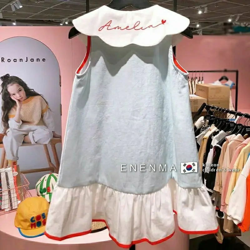 Girls Dress Korean Children's Summer Style Girls' Ruffle Collar Sleeveless Dress Children's Fashionable Love Lace up Vest Skirt NovaCart