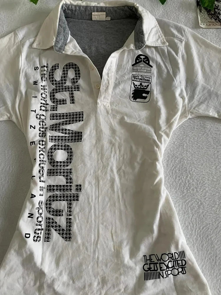 Y2K Japanese Streetwear Polo Shirt Women Slim Crop Tee 2025 White Short Sleeve Tops Letter Badge Houndstooth Vintage Harajuku NovaCart