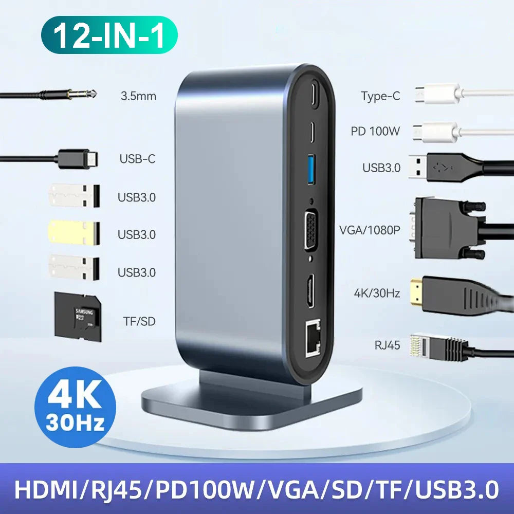 USB C Docking Station PD 100W USB C HUB Type C to HDMI-Compatible Adapter 4K 30Hz VGA RJ45 USB 3.0 HUB USB Splitter for MacBook Pi-Mart