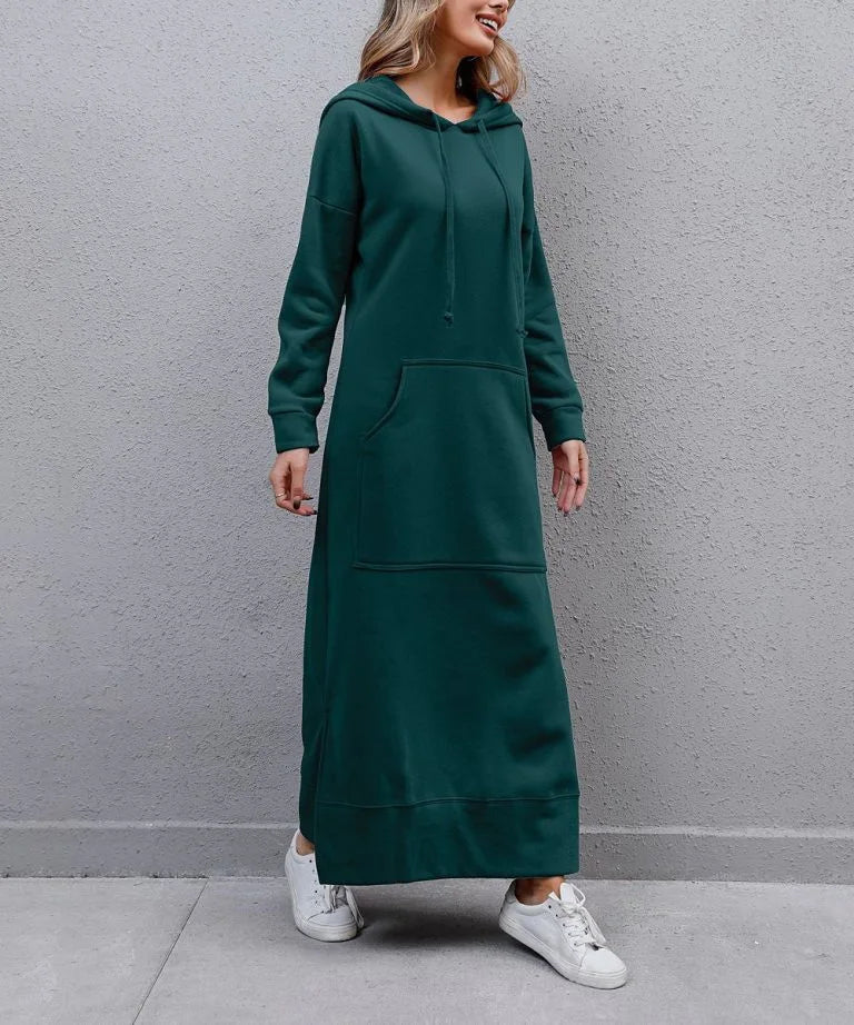 Hoodies Dress For Women Fashion 2025 Hem Lace-up Midi Robe Hooded Long Dress Autumn Winter Warm Casual Loose Sweatshirt Vestidos NovaCart