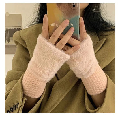 Women's Warm Plush Half-Finger Gloves for Autumn Winter Multi-Functional Cute Office Wear Cold-Resistant Fingerless Mittens Pi-Mart