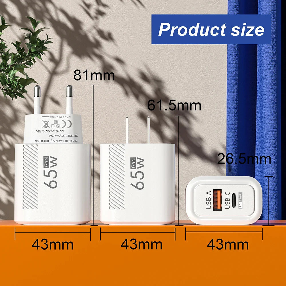 65W GaN Fast Charging USB Type C Charger US/EU Plug PD 3.0 Quick Charge Wall Charger For Phone Adapter For iPhone Huawei Samsung Pi-Mart
