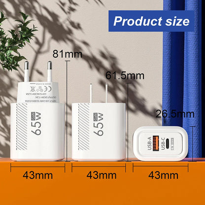 65W GaN Fast Charging USB Type C Charger US/EU Plug PD 3.0 Quick Charge Wall Charger For Phone Adapter For iPhone Huawei Samsung Pi-Mart