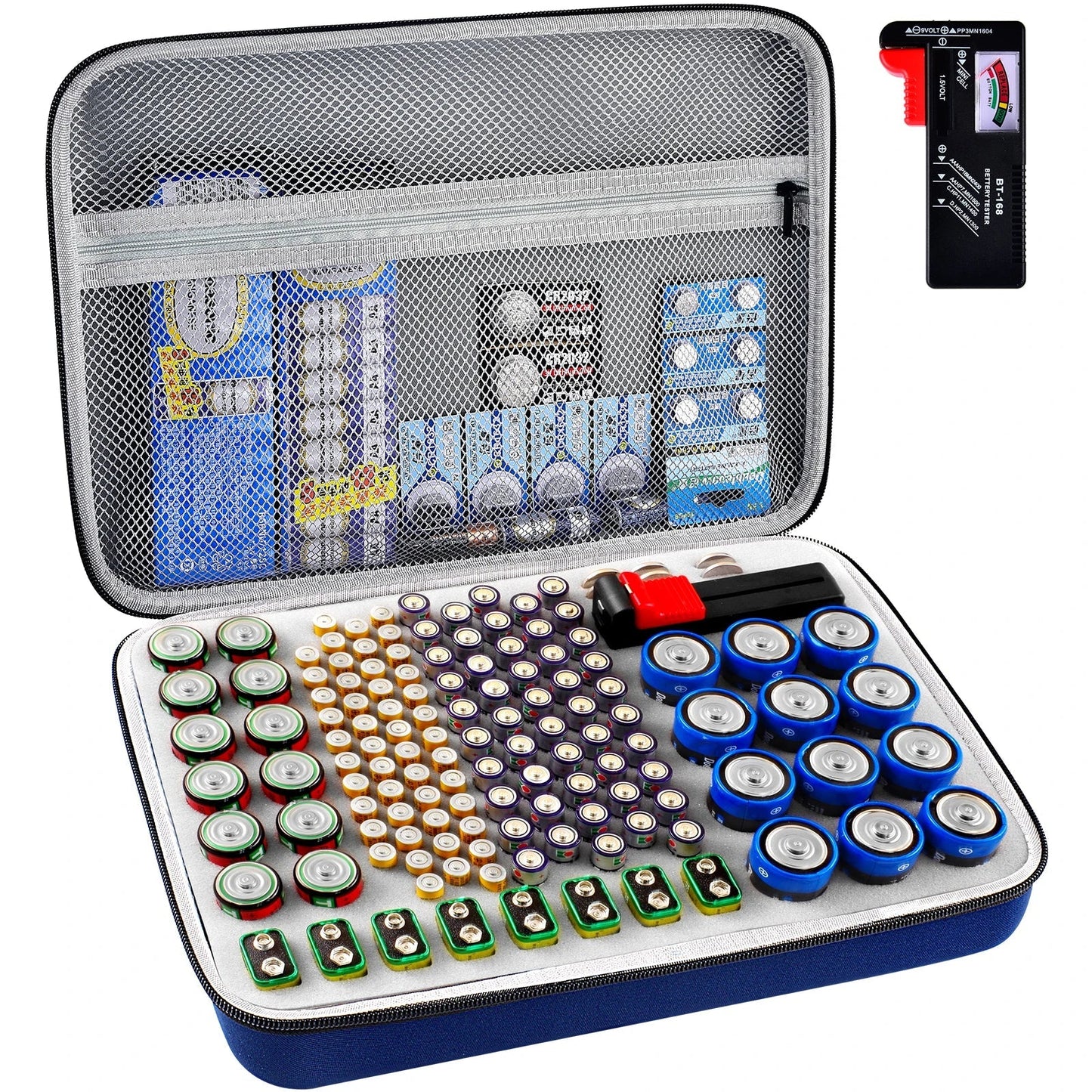 Battery Organizer Case With Tester Holds 150+ AA AAA 9V C D Lithium Button Batteries Hard Shell For Home Garage Batteries Pi-Mart