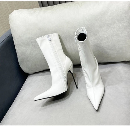 Knee-High Pointy Toe Women Boots 13cm Ultra Thin Steel High Heels Metal Heel Patent Leather Wide Calf Boots for Women Plus Size NovaCart