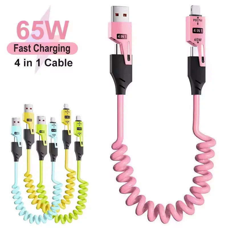 4 in 1 65W Spring Short Data Cable 6A USB Type C Spring Telescopic Quick Charger Wire Spring USB Cable for iPhone 16 15 14 13 Pi-Mart