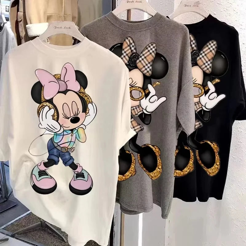 Disney New Minnie Kawaii Fun Women's Printed T-shirt Fashion Summer Cartoon Minnie Top Y2K Women's Extra Large Cotton T-shirt NovaCart