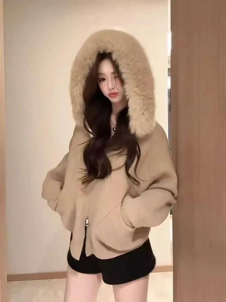 Autumn Loose Hooded Knitted Coat Pure Color Casual Coats