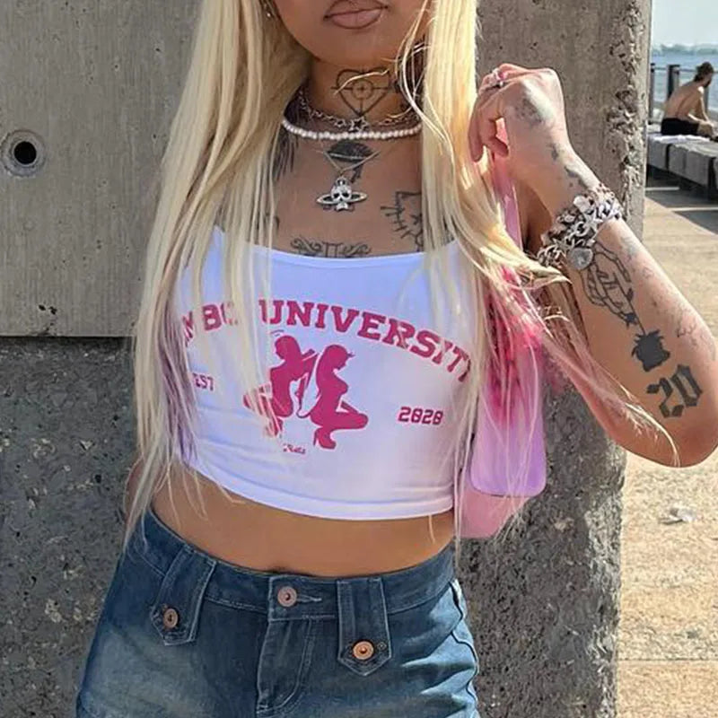 Y2k Harajuku Punk Graphics Sleeveless Sexy Crop Top Women's Clothing 2023 Vintage Letter Print Baby Tee Streetwear Women T-shirt NovaCart