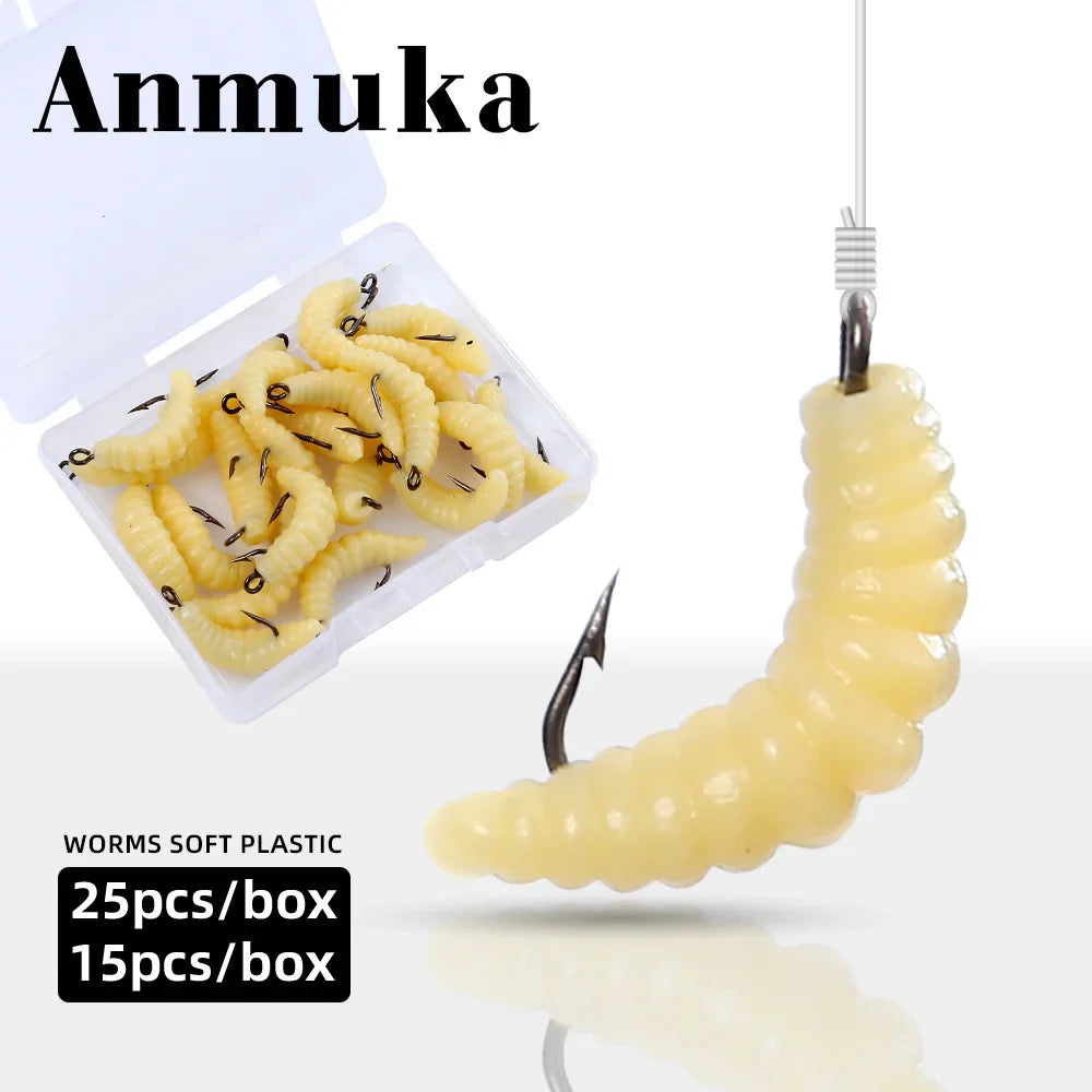 Bionic Rubber Maggot Fishing Bait Set Hooks Luminous Grub Lures Bass Trout Crappie Bluegill Ideal Freshwater Lake River Fishing Pi-Mart