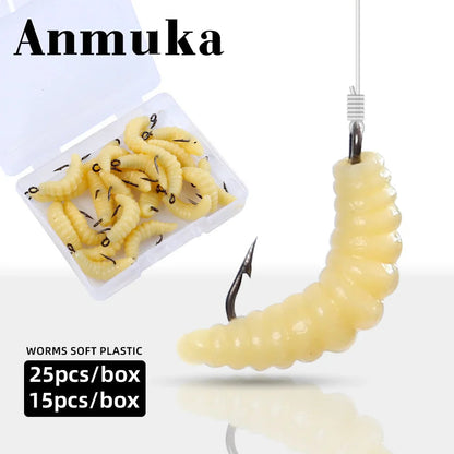 Bionic Rubber Maggot Fishing Bait Set Hooks Luminous Grub Lures Bass Trout Crappie Bluegill Ideal Freshwater Lake River Fishing Pi-Mart