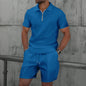 2025 Men Europe and the United States new summer Waffle solid color zip-up lapel short-sleeve suit shorts two sets NovaCart