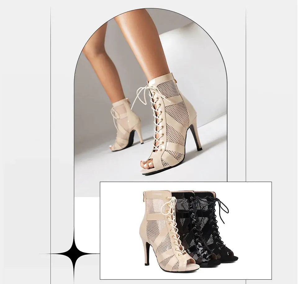 Women Latin Dance Shoes Black Boots High-Top High Heels Salsa Sandals Mesh Tango Boots Ladies Woman Party Ballroom Dance Shoes NovaCart