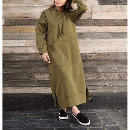 Hoodies Dress For Women Fashion 2025 Hem Lace-up Midi Robe Hooded Long Dress Autumn Winter Warm Casual Loose Sweatshirt Vestidos NovaCart
