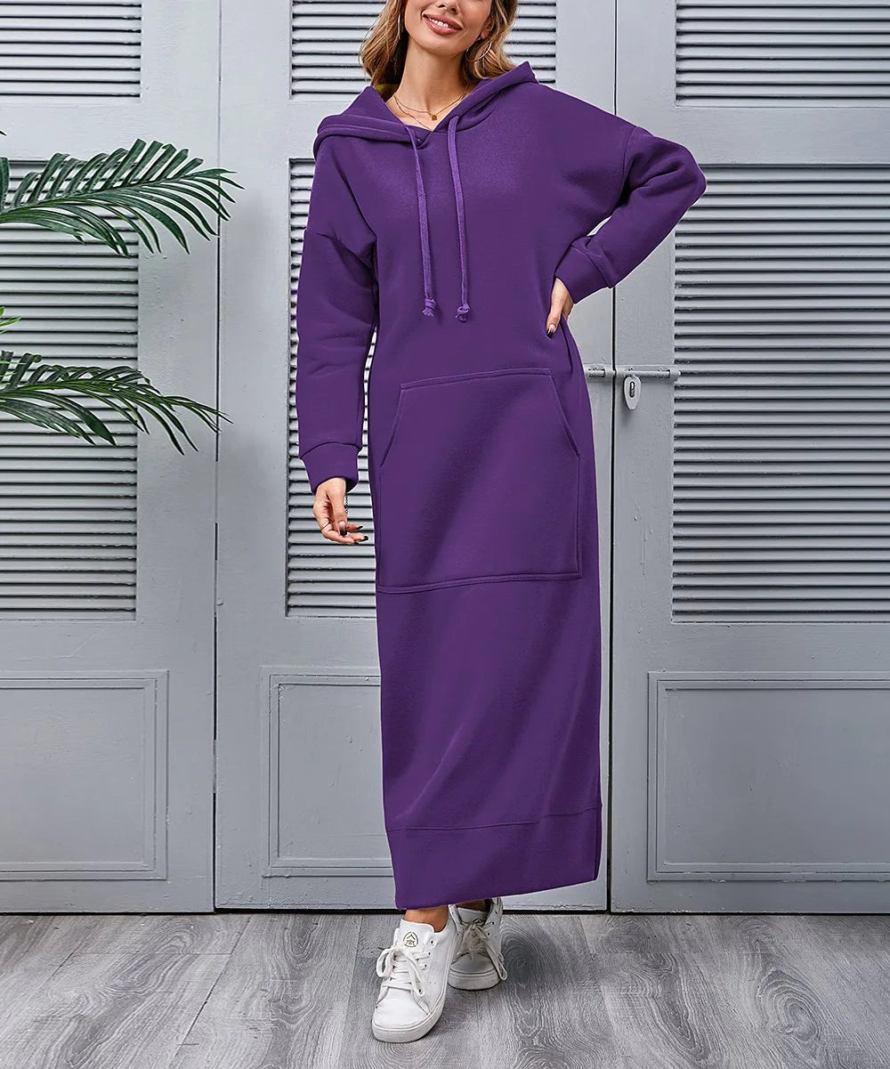 Hoodies Dress For Women Fashion 2025 Hem Lace-up Midi Robe Hooded Long Dress Autumn Winter Warm Casual Loose Sweatshirt Vestidos NovaCart
