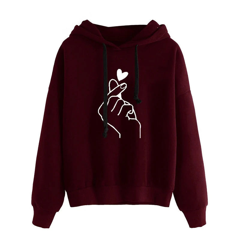 Autumn Fleece Hoodie Solid Color Finger Heart Hooded Korean Fashion Sweatshirts Long Sleeve Top Drawstring Pockets Loose Hoodies NovaCart