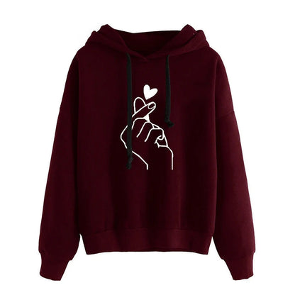 Autumn Fleece Hoodie Solid Color Finger Heart Hooded Korean Fashion Sweatshirts Long Sleeve Top Drawstring Pockets Loose Hoodies NovaCart