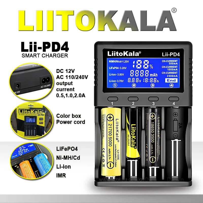LiitoKala Lii-PD4/PD2 AC PD Charger LCD Fast Charging 4/2-Bay for 21700/18650/AA/AAA Multi-Protection Auto-Detect Pi-Mart
