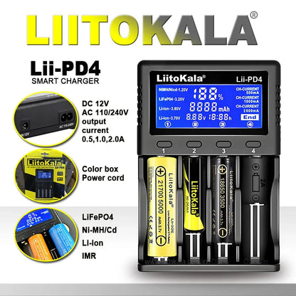 LiitoKala Lii-PD4/PD2 AC PD Charger LCD Fast Charging 4/2-Bay for 21700/18650/AA/AAA Multi-Protection Auto-Detect Pi-Mart