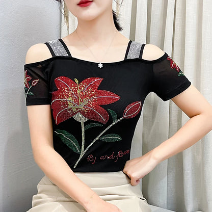 Women's Clothes New Design Sexy Off Shoulder Shiny Diamonds T-Shirts Luxury Brand Mesh Tees Tops Blouse Shirt NovaCart