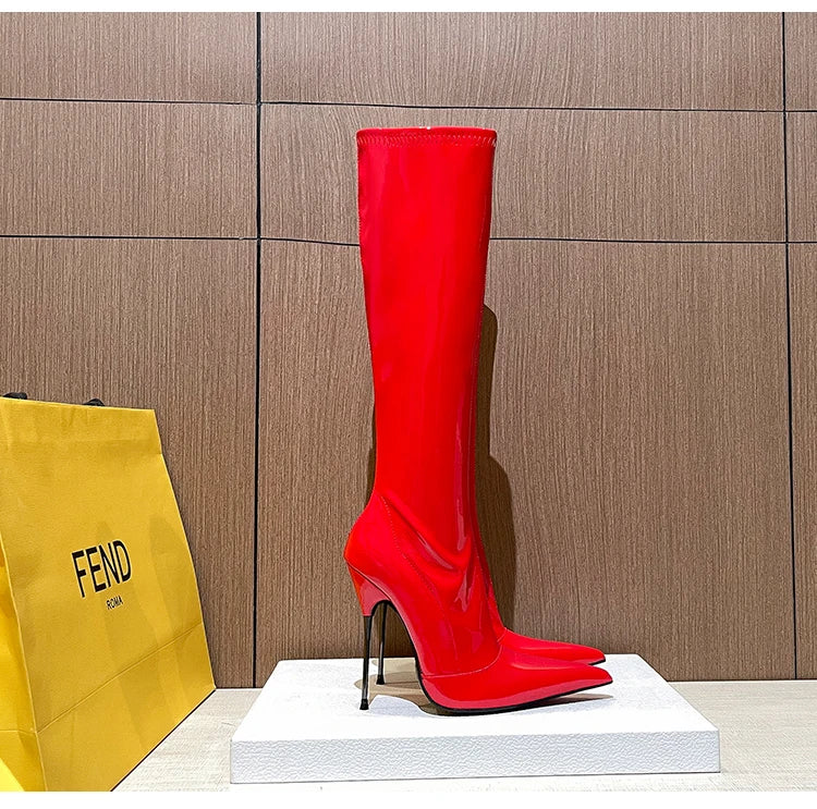 Knee-High Pointy Toe Women Boots 13cm Ultra Thin Steel High Heels Metal Heel Patent Leather Wide Calf Boots for Women Plus Size NovaCart