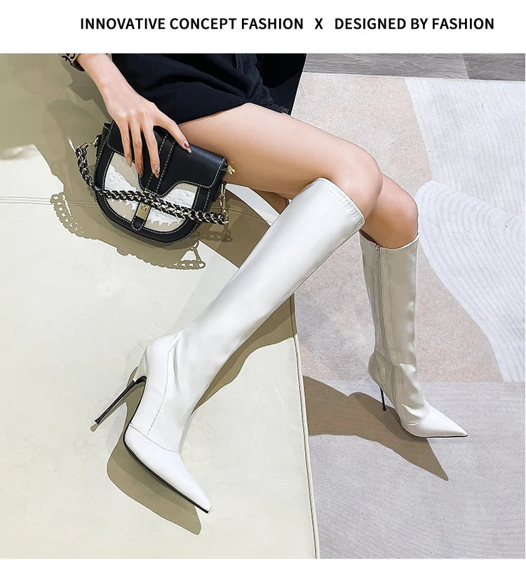 Knee-High Pointy Toe Women Boots 13cm Ultra Thin Steel High Heels Metal Heel Patent Leather Wide Calf Boots for Women Plus Size NovaCart