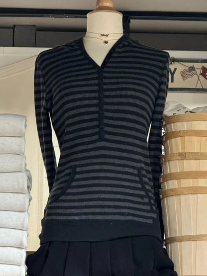 Gray Striped Waffle Hooded T-shirt Women Five  Button CottonSlim Long Sleeve Tee Shirt Casual Preppy Style Vintage Tshirt Y2k NovaCart
