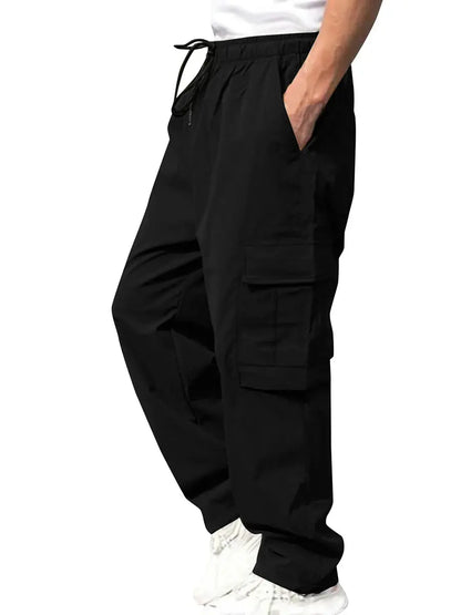 Men s Loose Cargo Long Pants Solid Color Drawstring Waist Straight Leg Trousers Casual Work Pants with Pockets NovaCart