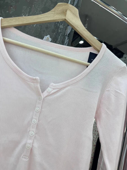 Six Buttons Ribbed Long Sleeve T-shirts Women Spring Round Neck Cotton Slim Tee Top Female Sweet Cute Pink Tshirt Y2k Tops New NovaCart