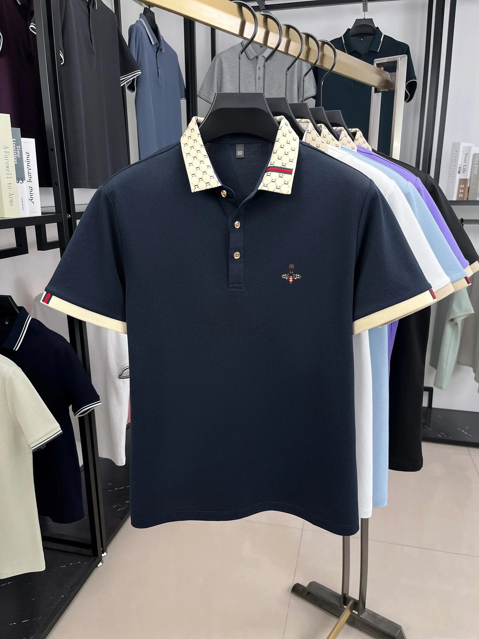 Personality letter jacquard lapel short sleeve T-shirt men high-end brand Little Bee embroidery fashion trend summer polo shirt NovaCart