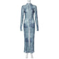 Mesh O Neck Long Flare Sleeve Print Slit Vintage Sexy Bodycon Maxi Dress