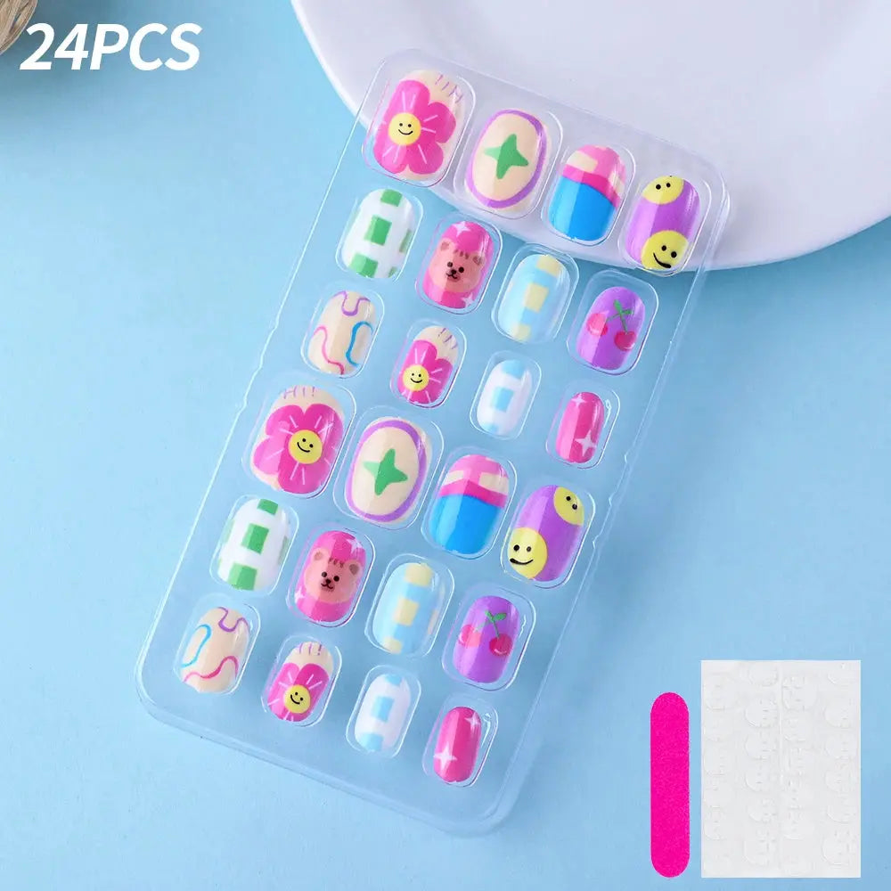 24Pcs/box Kids nails for Girl Cartoon Pattern False Nail Cute Child Fake Nails Tips Kawaii Acrylic Artificial Press on Nail+Tool NovaCart