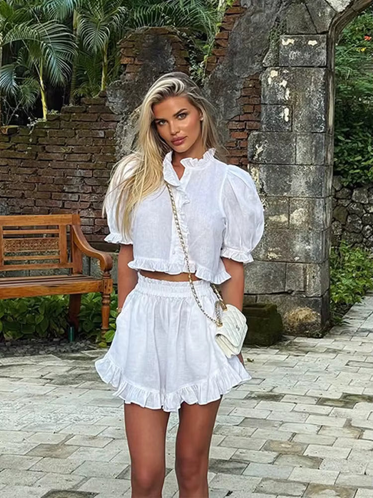 Women's Ruffled Linen-Blend Cropped Blouse & Shorts Set FitiqueFit