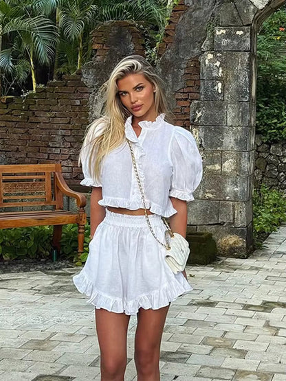 Women's Ruffled Linen-Blend Cropped Blouse & Shorts Set FitiqueFit