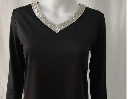 Plus Size Women's Sequin Long Sleeve V Neck T-shirt