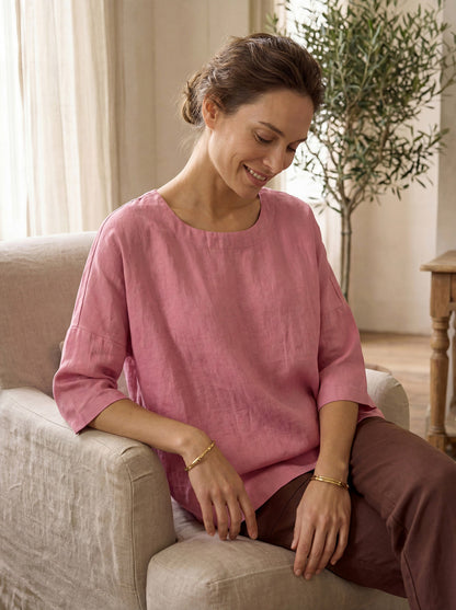 100% Linen Boatneck 3/4 Length Sleeve Top AURORA LINTICO
