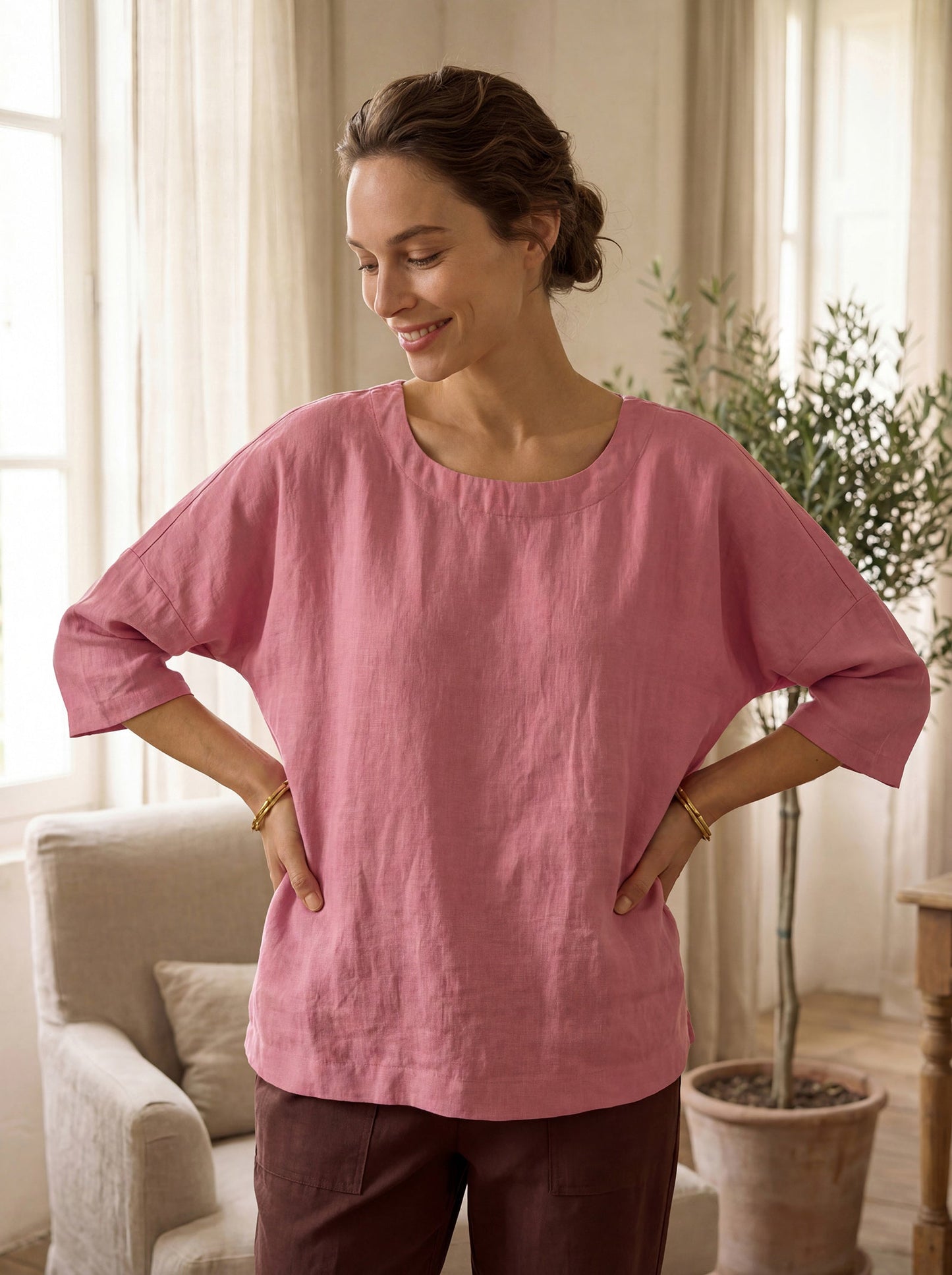 100% Linen Boatneck 3/4 Length Sleeve Top AURORA LINTICO