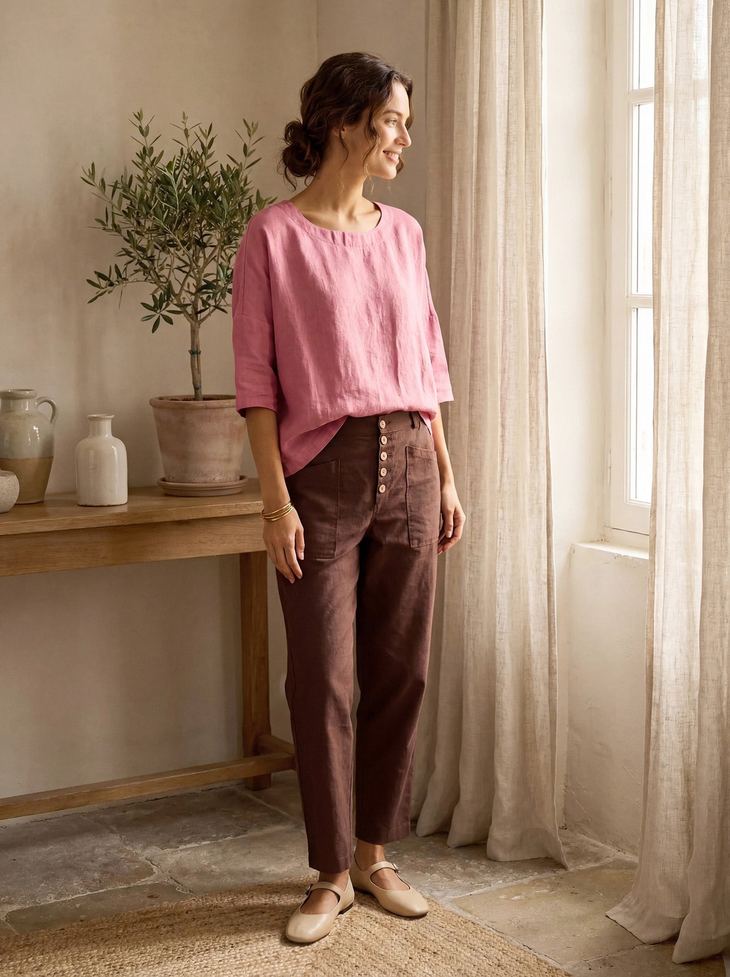Linen Simple Button Fly Trousers HEIDI LINTICO
