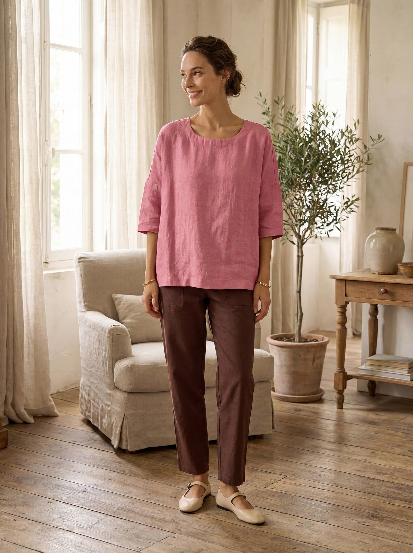 Linen Simple Button Fly Trousers HEIDI LINTICO