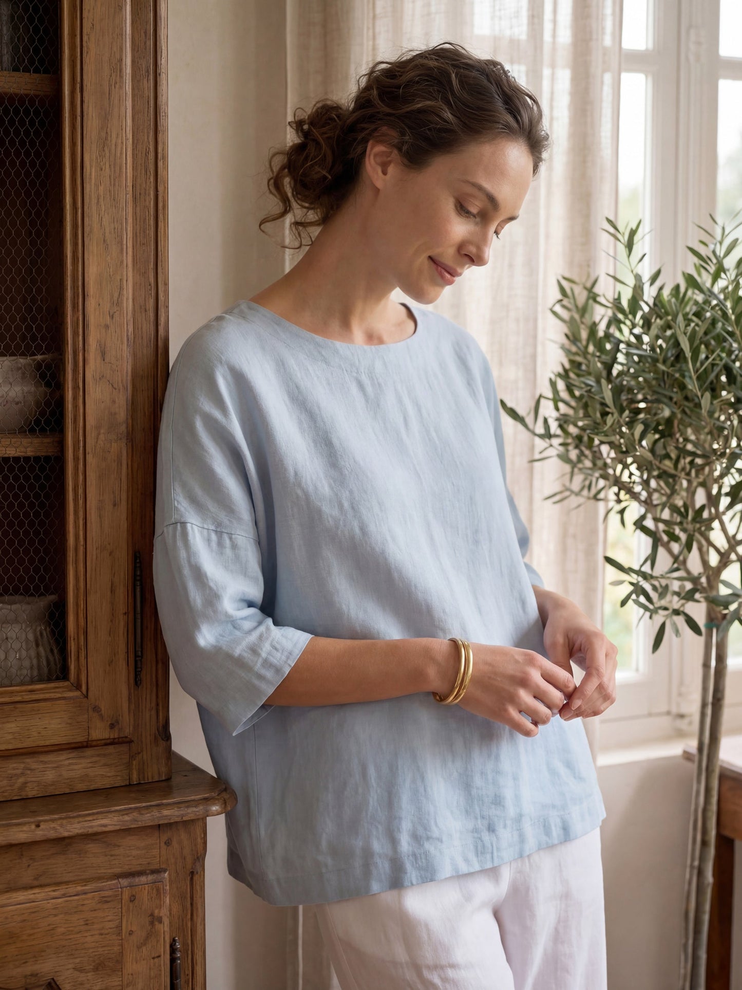 100% Linen Boatneck 3/4 Length Sleeve Top AURORA LINTICO