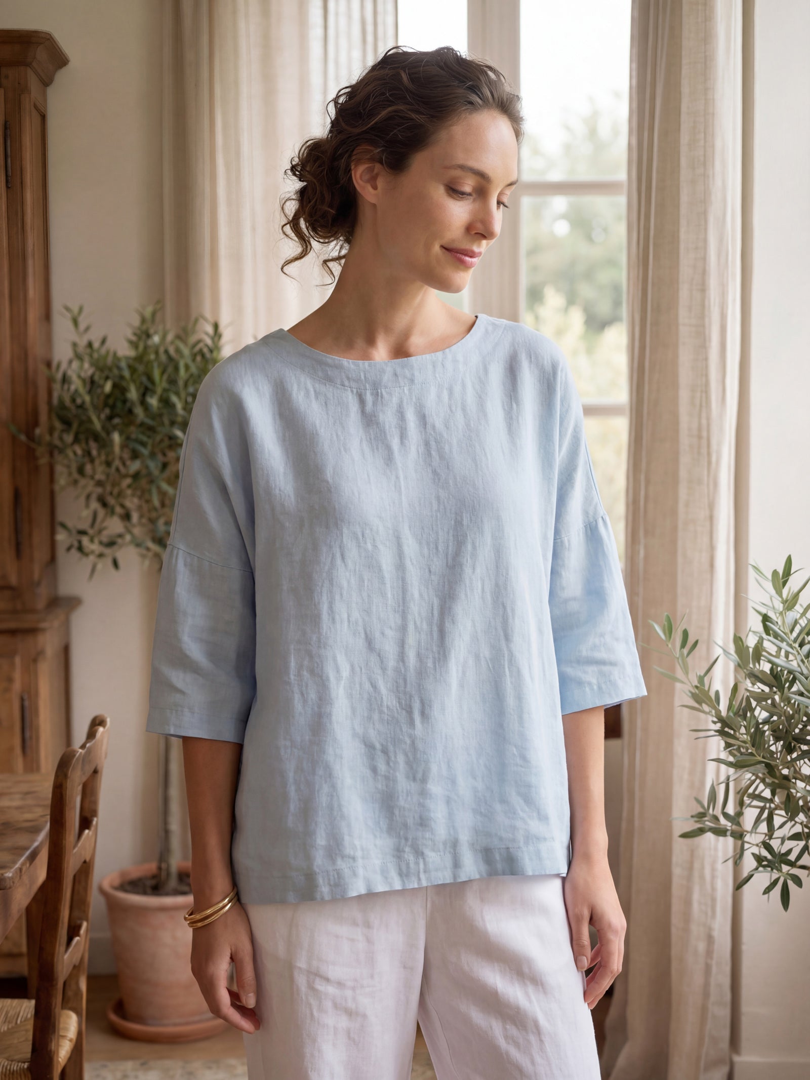 100% Linen Boatneck 3/4 Length Sleeve Top AURORA LINTICO